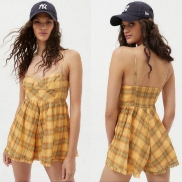 Urban Outfitters Pants - Urban Outfitters | Lorelei Crinkle Cotton Romper Plaid Yellow Orange Green Small